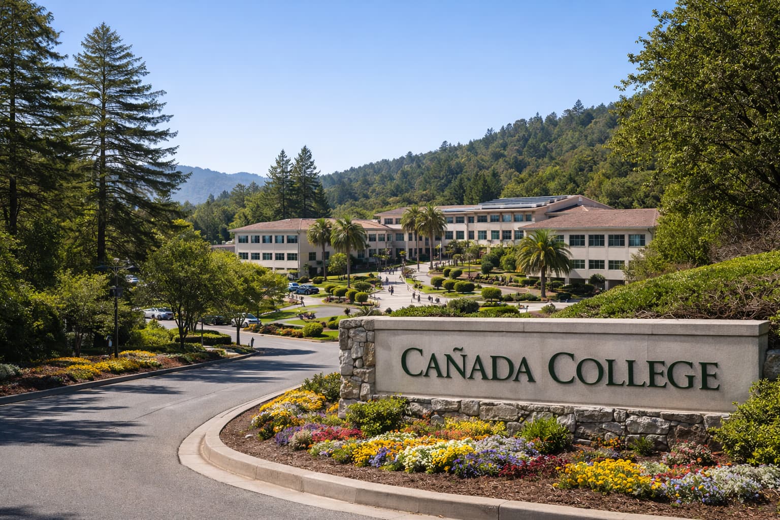 カリフォルニア州レッドウッドシティの Cañada College をイメージした、緑豊かな高台の学習環境とシリコンバレー近郊の洗練された雰囲気が伝わるヒーロー画像
