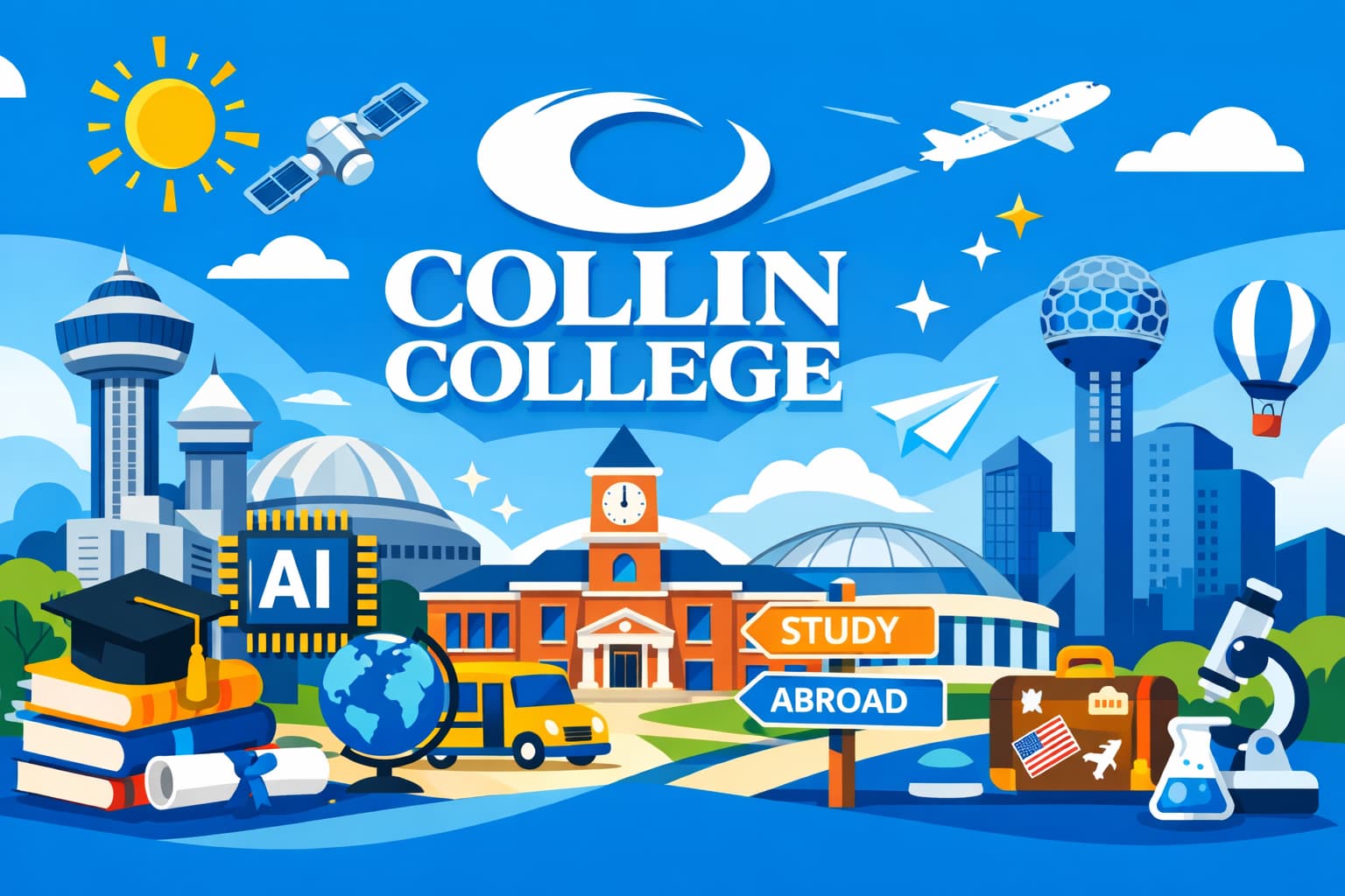 テキサス州ダラス北部の Collin College をイメージした、都市的な利便性と落ち着いた学習環境が伝わるヒーロー画像