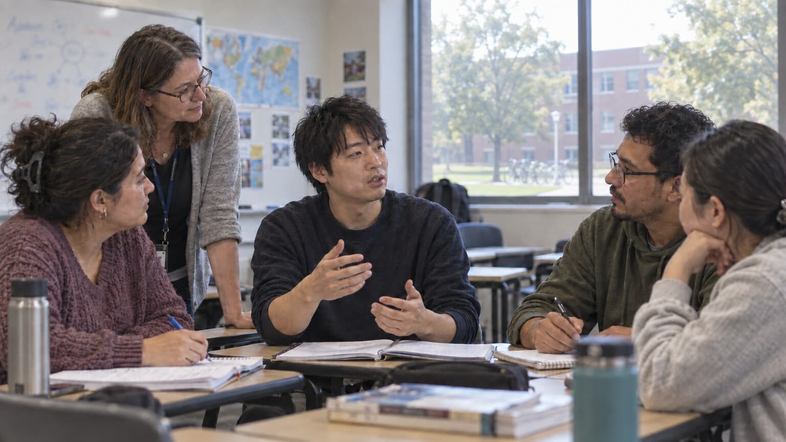 企業研修としてアメリカの語学学校で学び成長する若手社員のイメージ