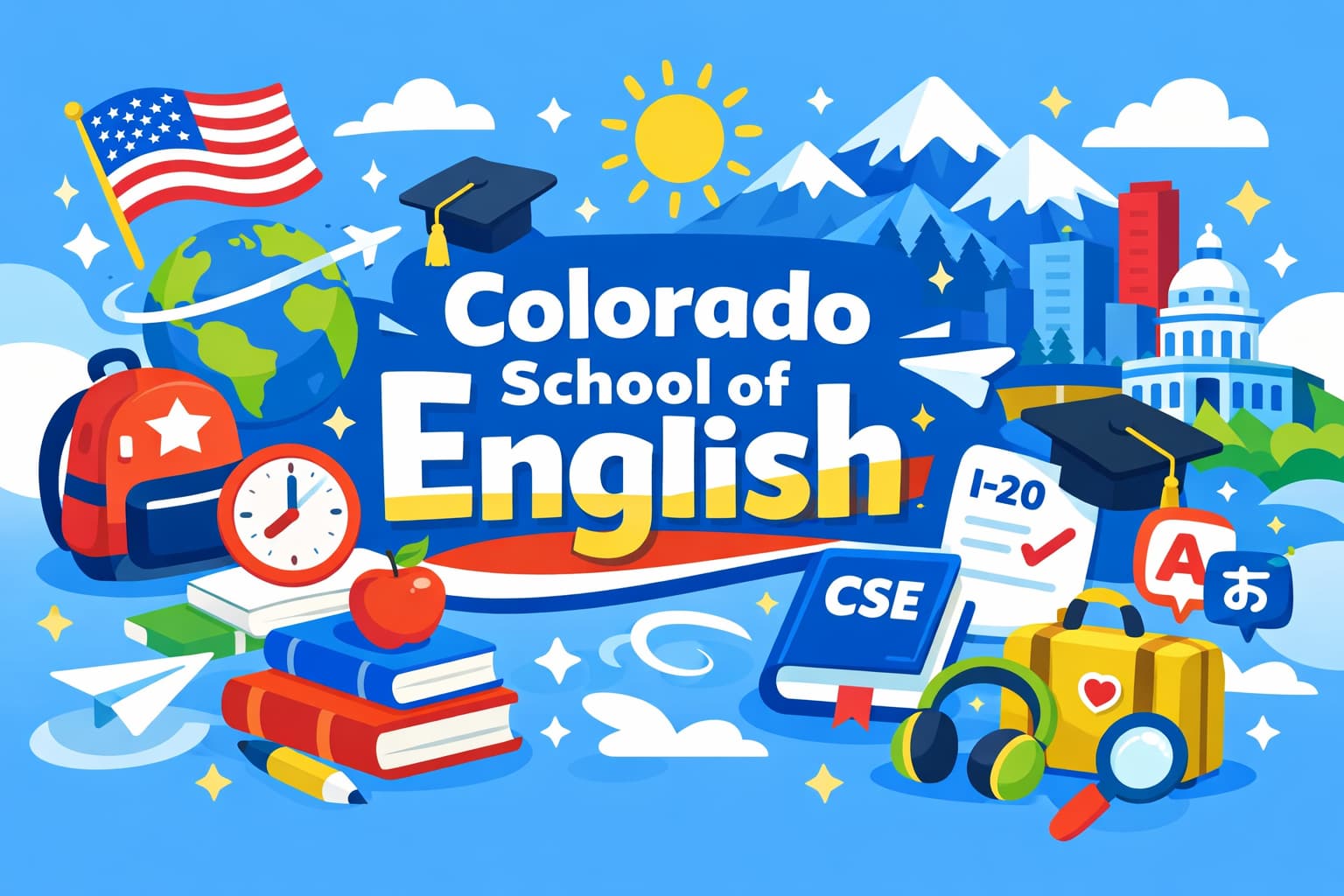 Colorado School of English をイメージした、デンバーの街並みと学びのモチーフを明るく描いた横長イラスト
