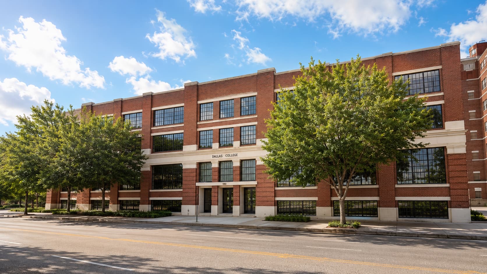Dallas College の赤レンガ造りの校舎。正面玄関と「DALLAS COLLEGE」の校名表示、街路樹に囲まれた外観