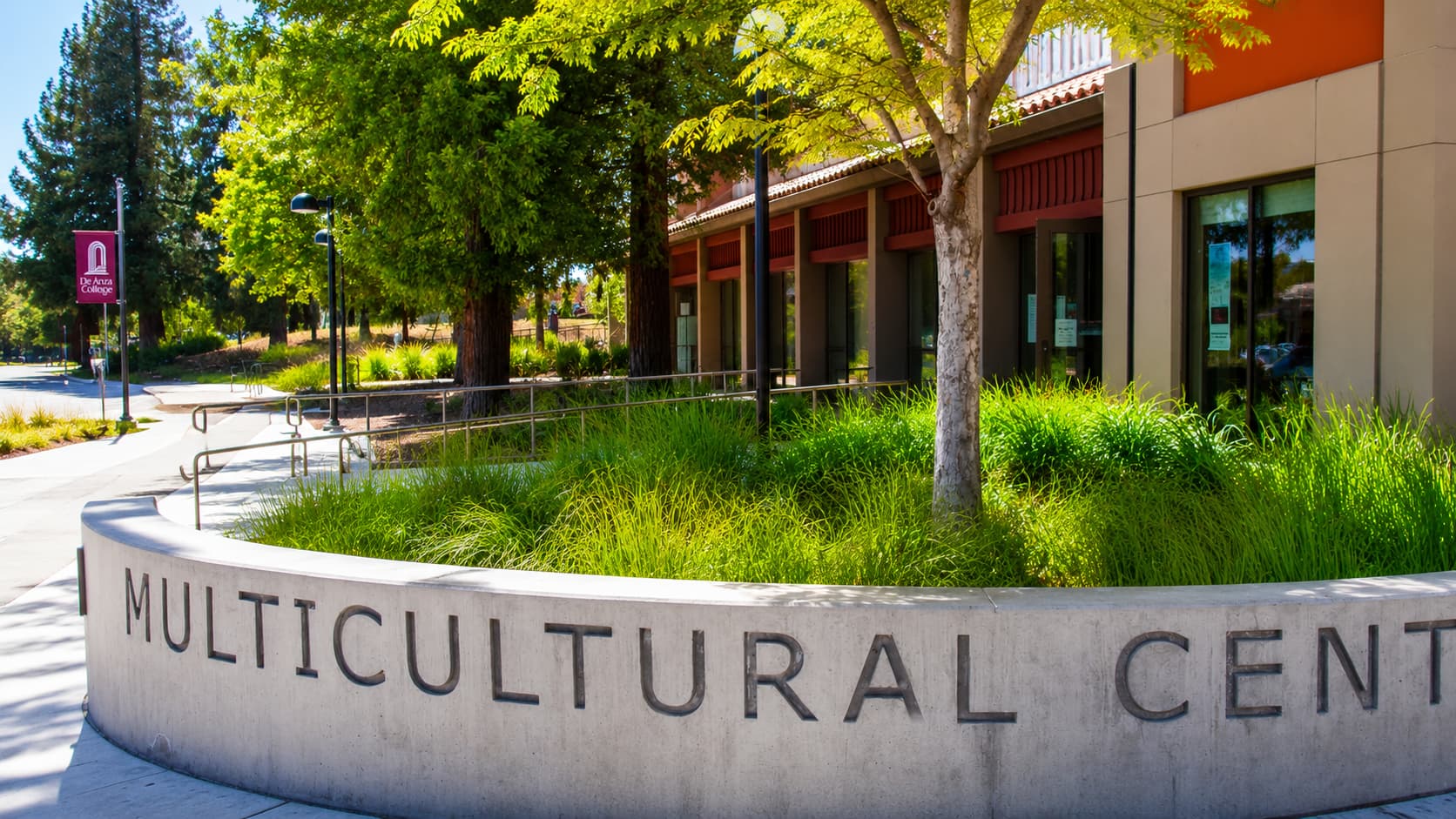 De Anza College（デアンザカレッジ／ディアンザカレッジ）の緑豊かなキャンパス風景。シリコンバレーのクパチーノに位置するコミュニティカレッジの校舎と並木道