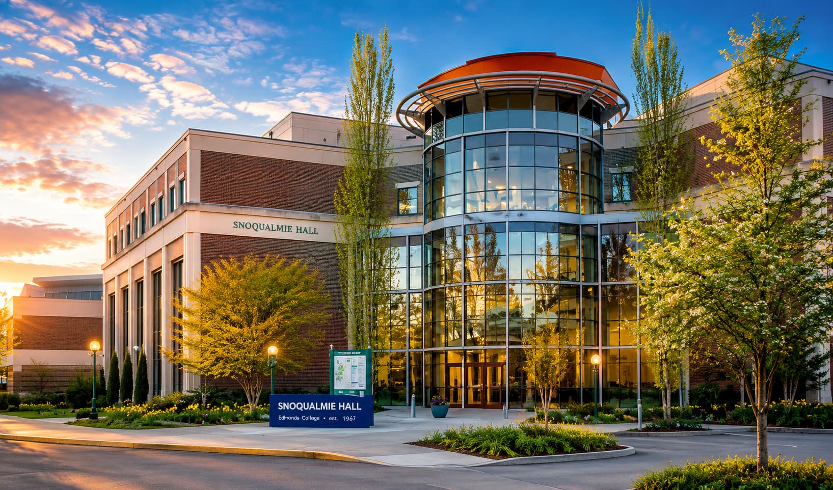 Edmonds College の Snoqualmie Hall。ガラス張りの円形アトリウムが印象的な近代的キャンパス施設と緑豊かな周辺景観