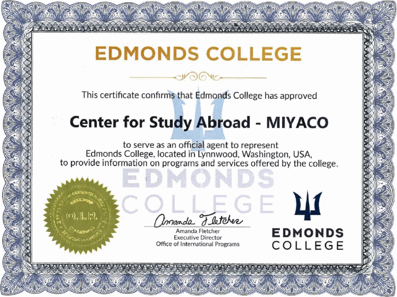 Edmonds College 公認 Authorized Representative 認定証