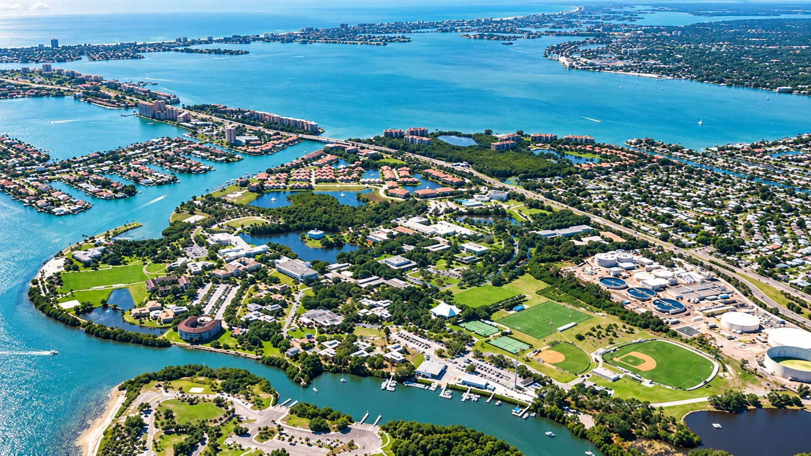 Eckerd College(エッカードカレッジ)のウォーターフロントキャンパスと周囲に広がる美しい湾の空撮風景