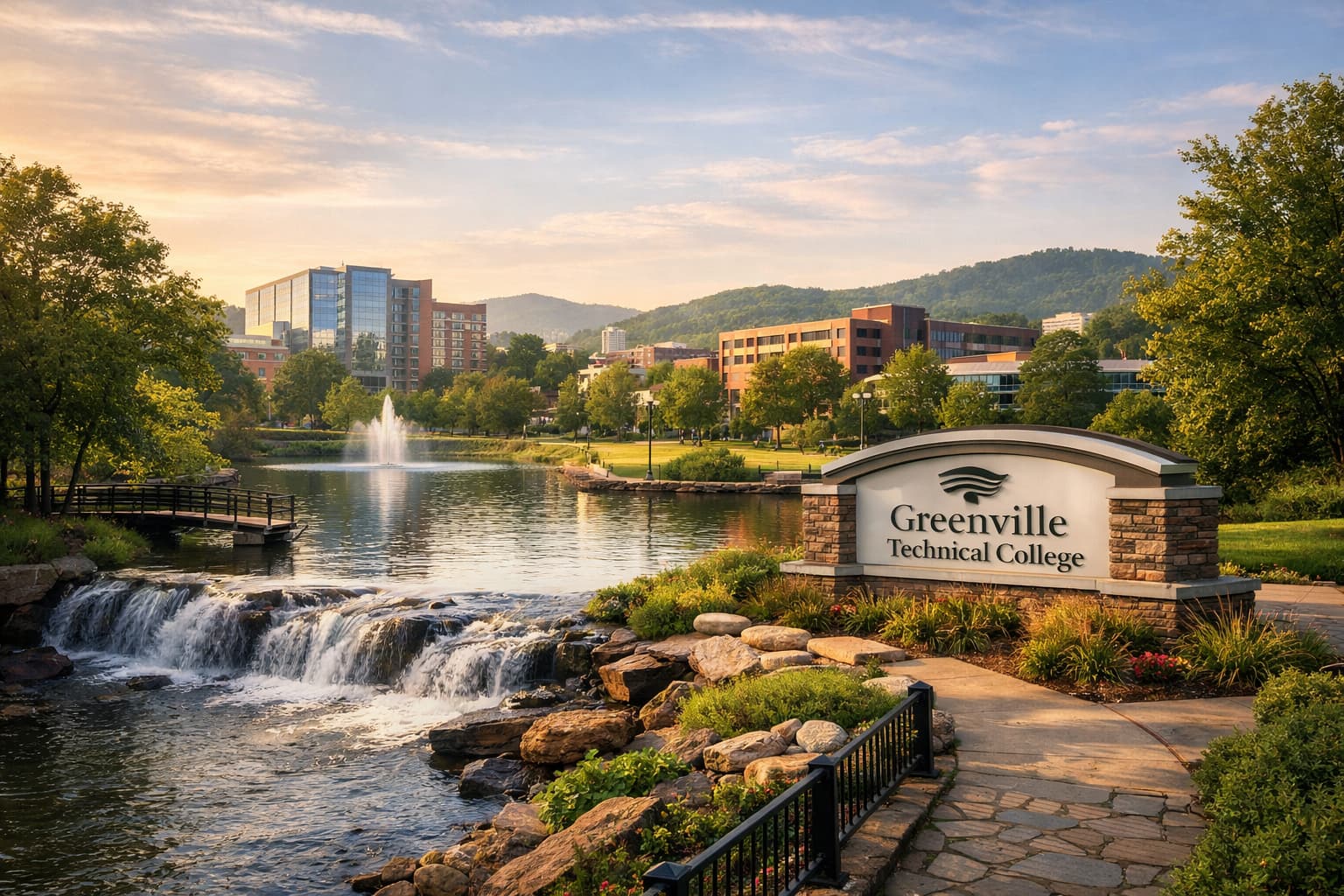 サウスカロライナ州の Greenville Technical College をイメージした、グリーンビルの都市的な学習環境と落ち着いた雰囲気が伝わるヒーロー画像