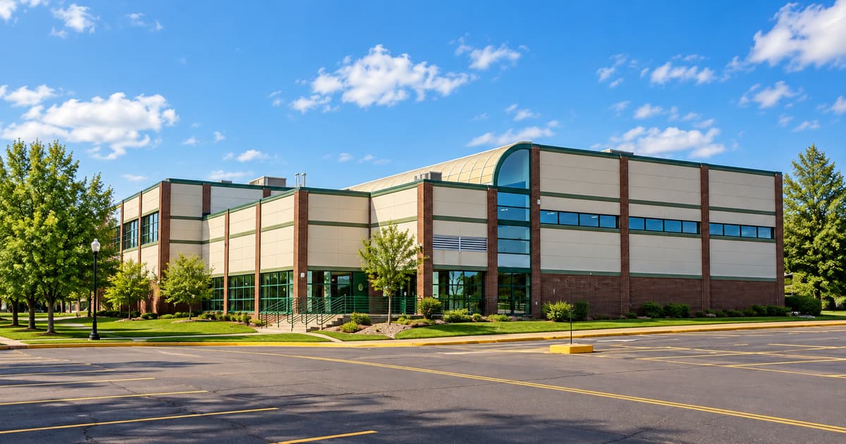 青空の下、緑に囲まれた Herkimer College（ハーキマーカレッジ）の校舎