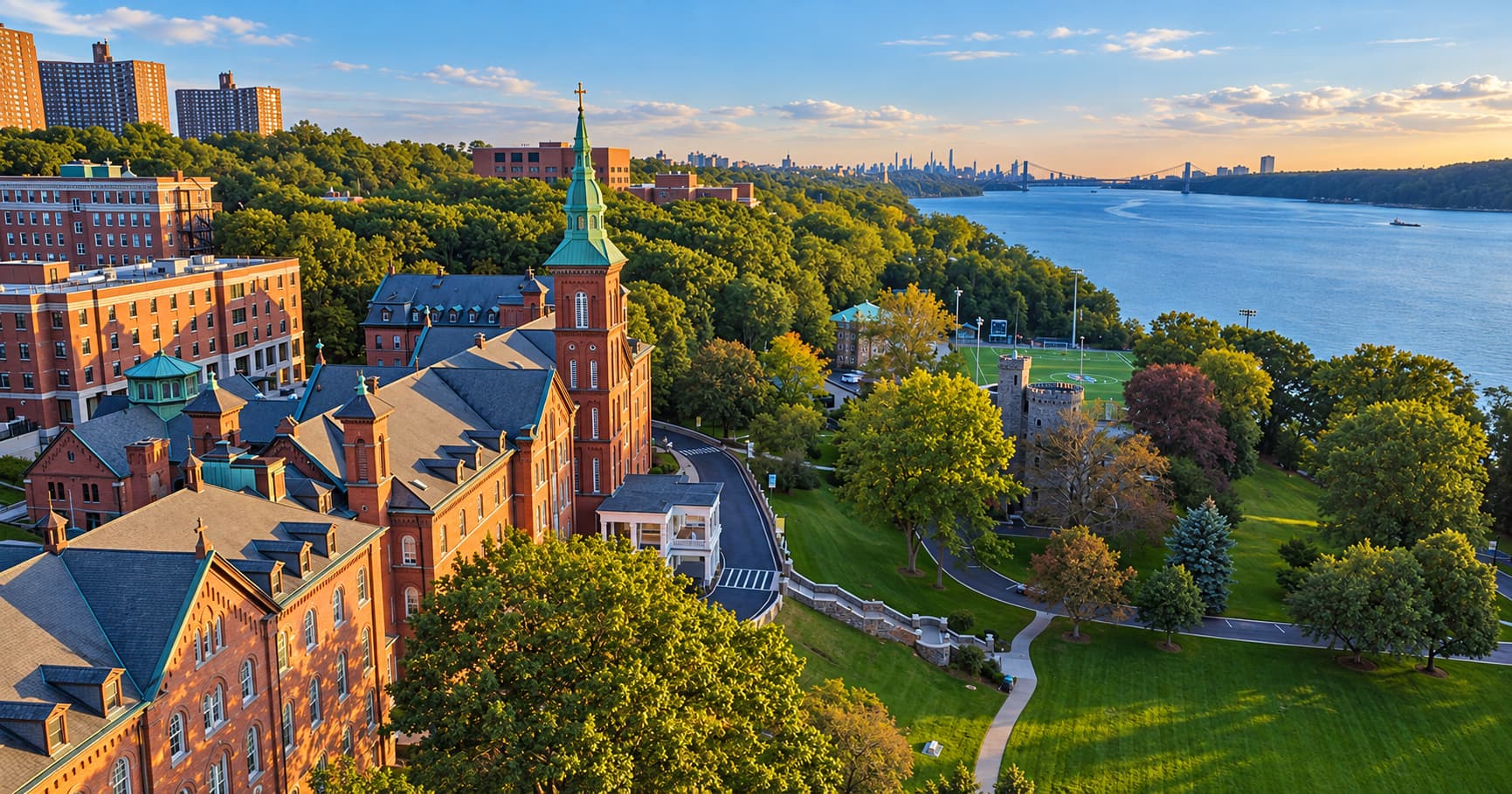 Kings New York があるマウント・セント・ビンセント大学の校舎と、緑豊かなキャンパス越しに広がるハドソン川