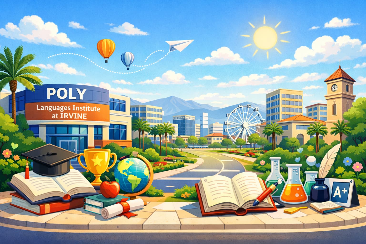 POLY Languages Institute at Irvine をイメージした、アーバインの整った街並みと学びのモチーフを明るく描いた横長イラスト
