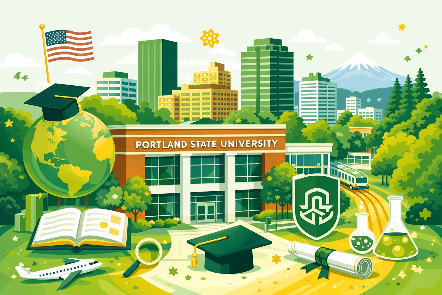 オレゴン州の Portland State University をイメージした、ポートランド中心部と都市型キャンパスの学びの雰囲気を明るく描いたヒーロー画像