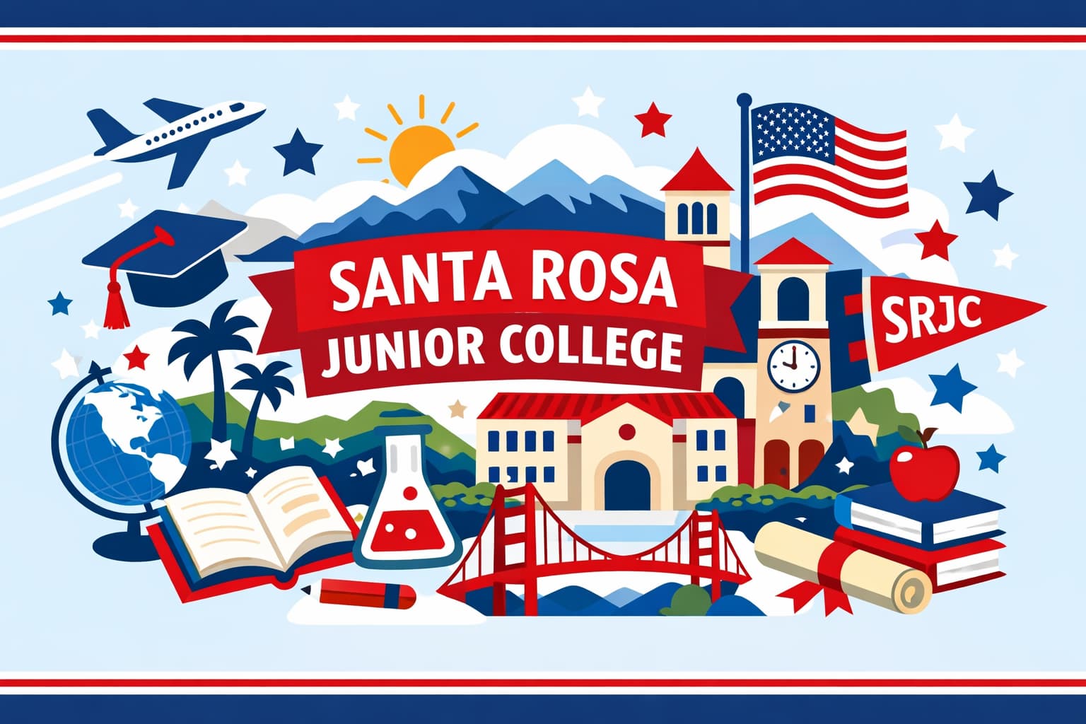 Santa Rosa Junior College（サンタローザ・ジュニア・カレッジ）を象徴する、留学と学びをテーマにした明るいイラストのヒーロー画像