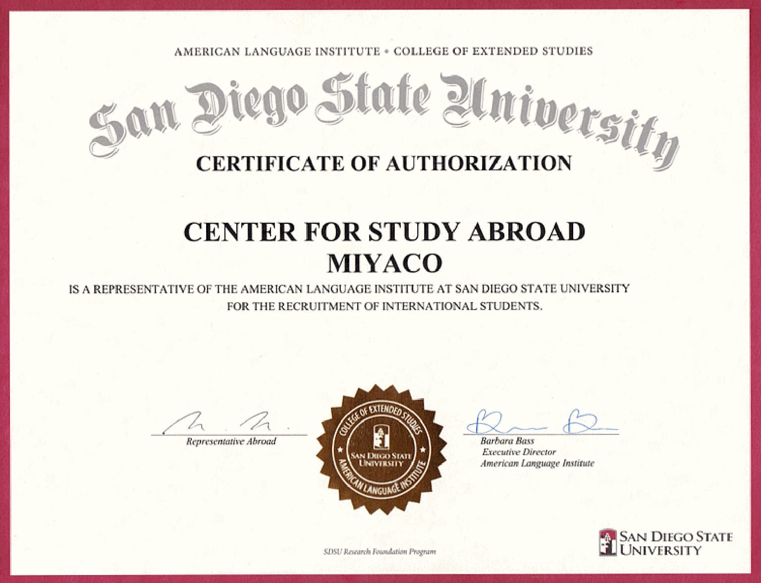 MIYACO が San Diego State University American Language Institute（ALI）の公式代理店であることを示す認定証