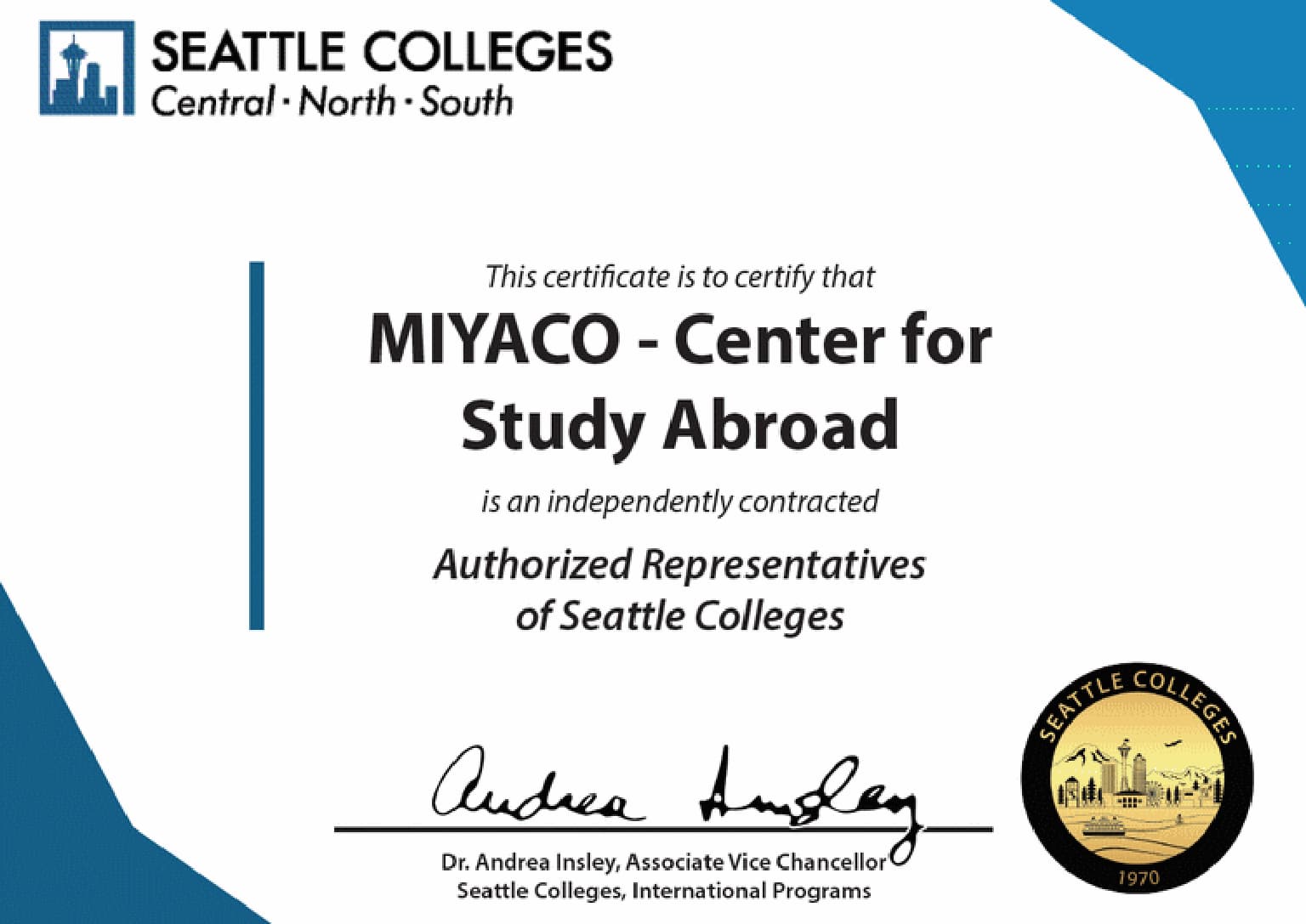 Seattle Colleges 公認 Authorized Representative 認定証
