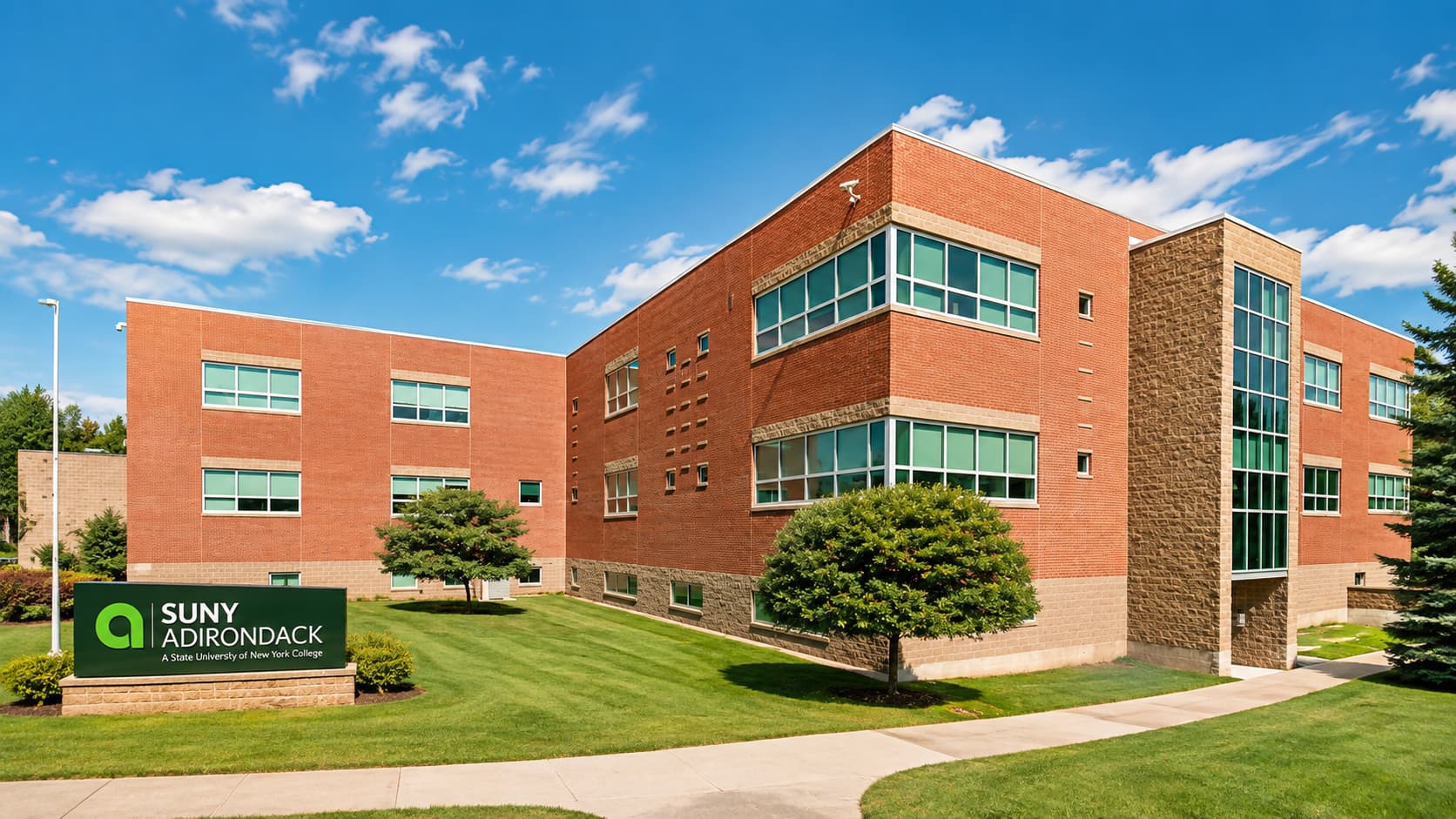 ニューヨーク州クイーンズベリーにある SUNY Adirondack の緑豊かなキャンパス