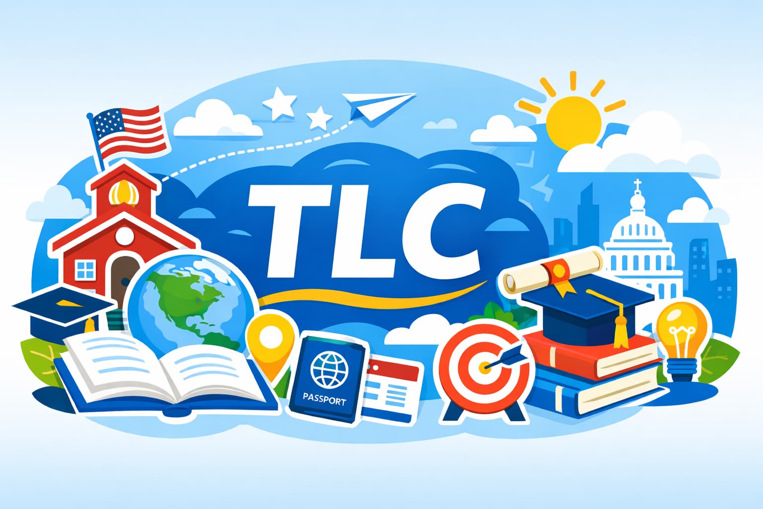 The Language Company（TLC）を象徴する、アメリカ留学と英語学習をテーマにした明るいイラストのビジュアル