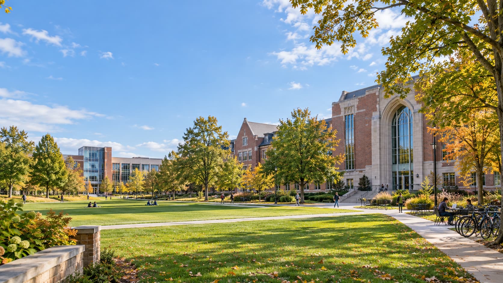 アメリカの州立大学で学ぶ留学生活をイメージしたキャンパス風景