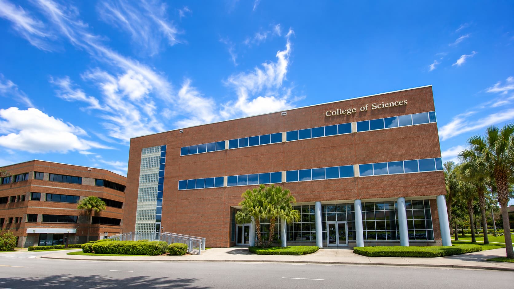 University of Central Florida（UCF）キャンパス内にある College of Sciences の校舎。ヤシの木と青空に囲まれたオーランドらしい開放的な学習環境を象徴する風景