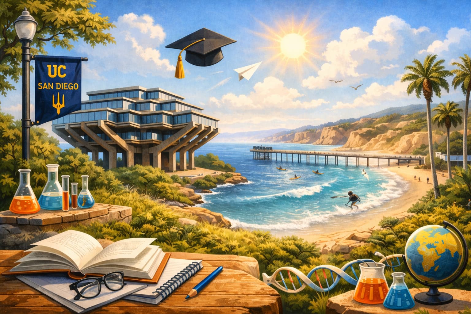 UC San Diego とラホヤ・サンディエゴをイメージした留学・学びのモチーフイラスト