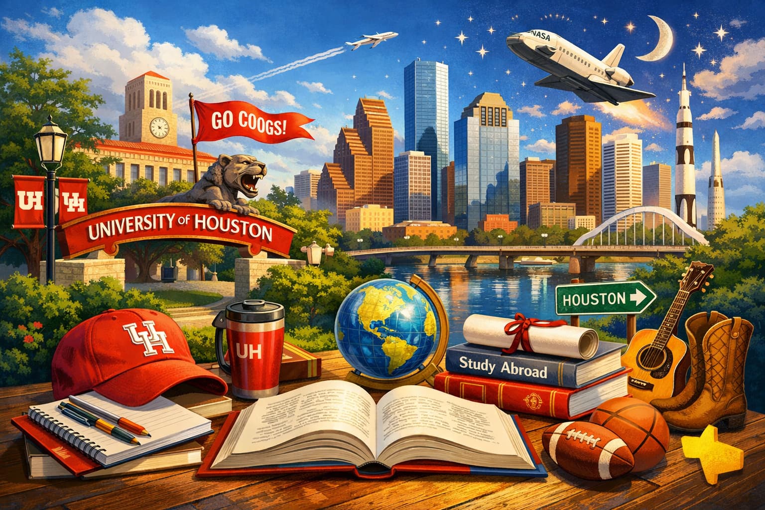 University of Houston とヒューストンをイメージした留学・学びのモチーフイラスト