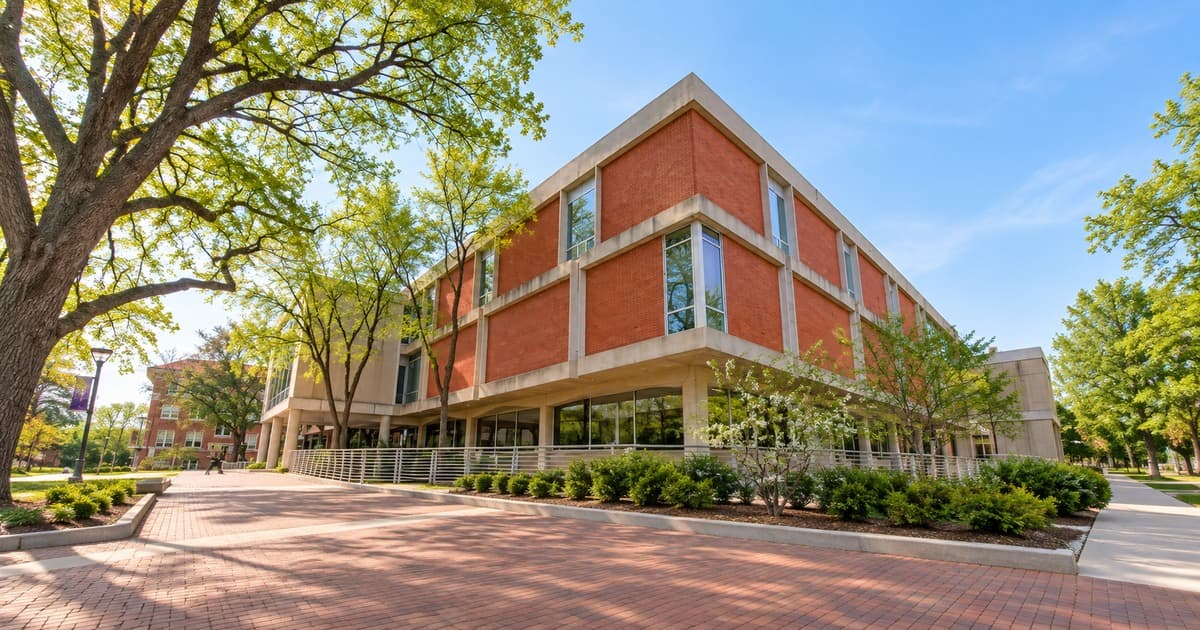 ノーザンアイオワ大学のロッド図書館の赤レンガの建物と緑豊かなキャンパス