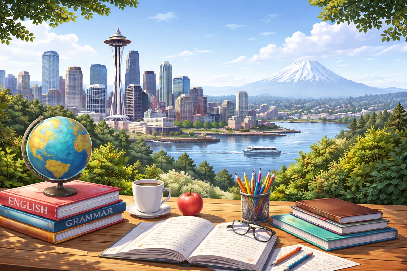 ワシントン州の語学留学をイメージする都市と学びのモチーフ