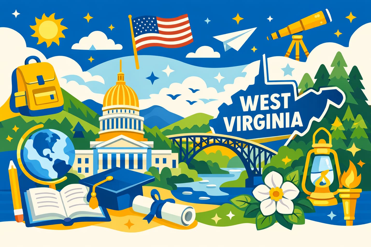 ウェストバージニア州をイメージしたフラットイラスト。州議会議事堂や山岳地帯の自然、学びを象徴するモチーフで、アメリカ留学を表現